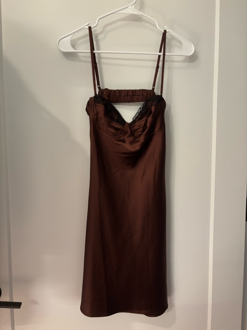 Brown Satin Slip Dress with Lace Trim